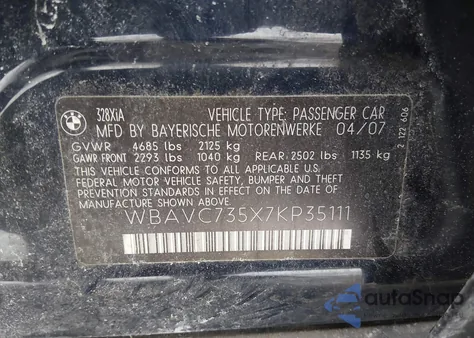 2007 BMW 328Xi z USA, uszkodzony, nr VIN WBAVC735X7KP35111